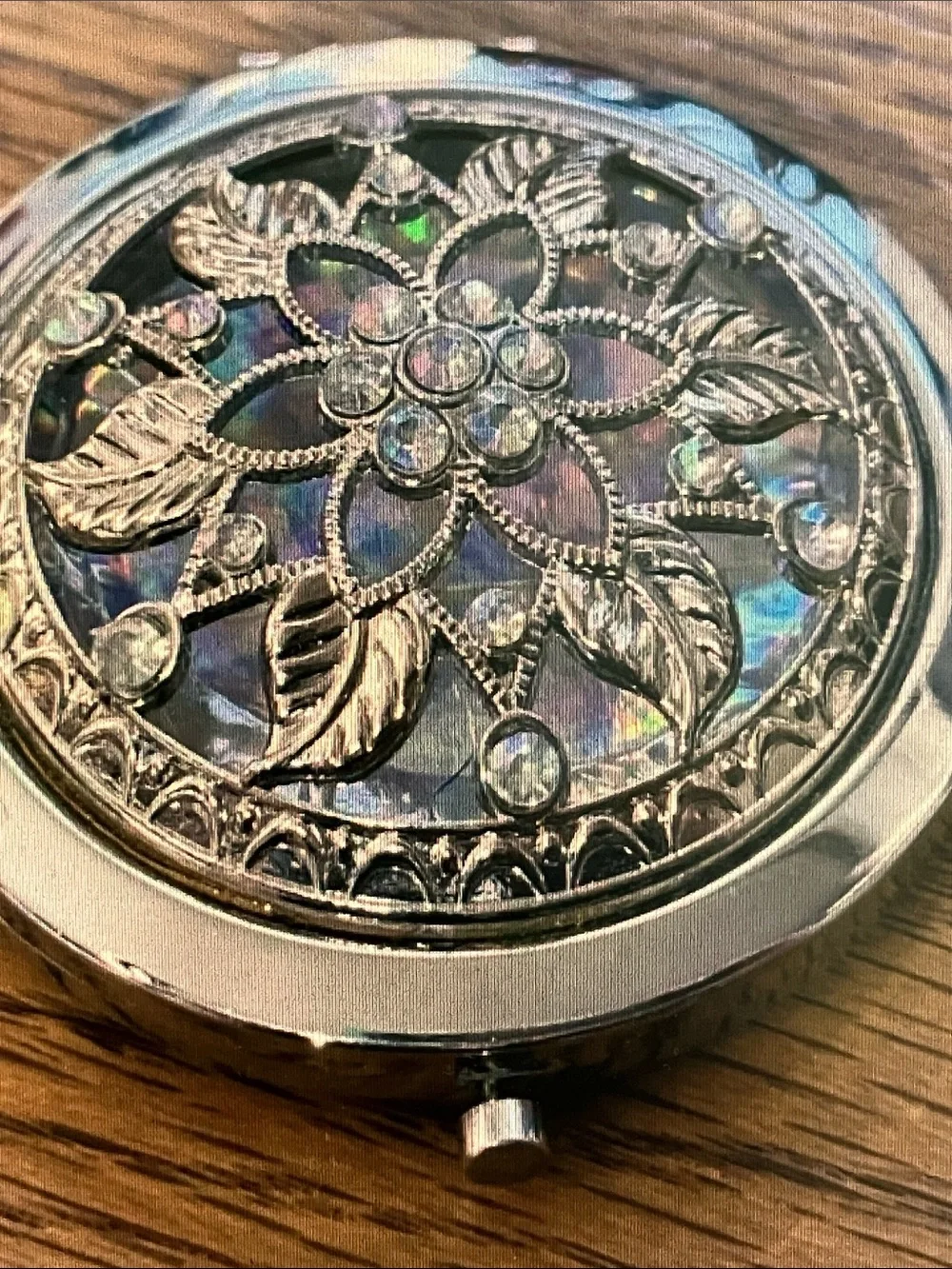 Silver Floral Compact Vanity Mirror with Iridescent Blue Inlay
